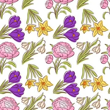 Seamless floral pattern with peony, crocus, daffodil and snowdrop in flat style Stock Illustration