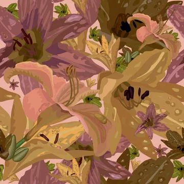 Seamless floral pattern with pink and yellow lilies on a pink background Stock Illustration