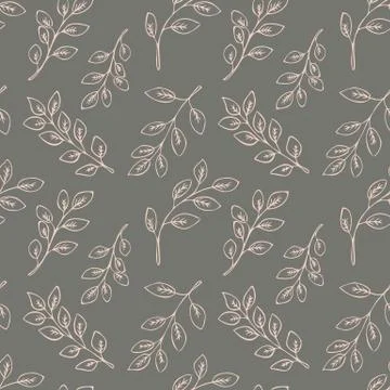 Seamless floral pattern with pink hand drawn leaves on gray background. Stock Illustration