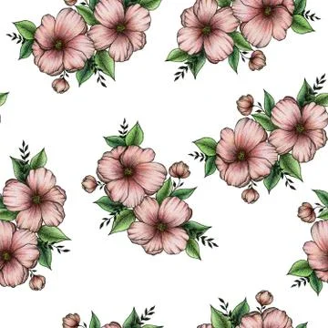 Seamless floral pattern with pink peachy flower bouquet Stock Illustration