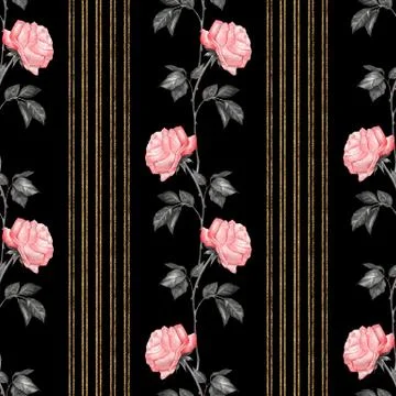 Seamless floral pattern of pink roses on black background Stock Illustration