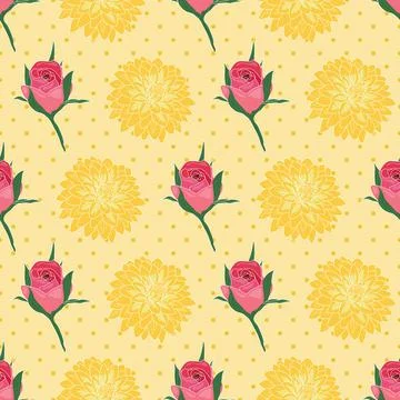 Seamless floral pattern pink roses and yellow chrysanthemum on yellow backgro Stock Illustration