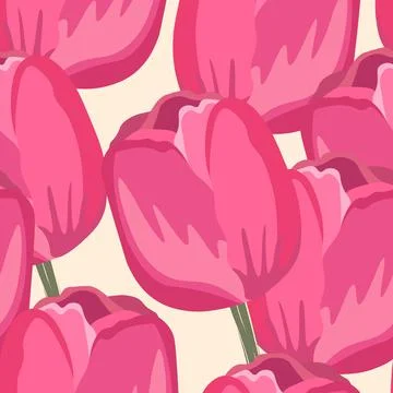 Seamless floral pattern with pink tulips. Cartoon style. Design for fabric Stock Illustration