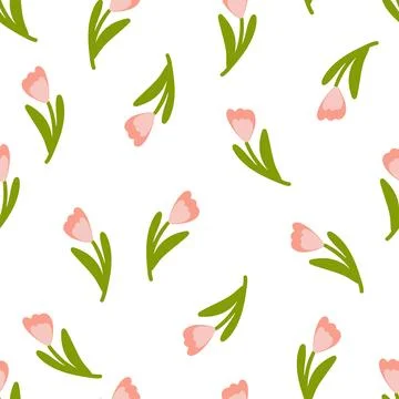 Seamless floral pattern with pink tulips and green leaves. Stock Illustration