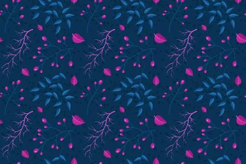Seamless floral pattern with plants, berries and flowers dark Stock Illustration