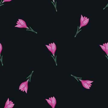 Seamless floral pattern with random pink crocus flowers on dark maroon backgr Illustrazione stock