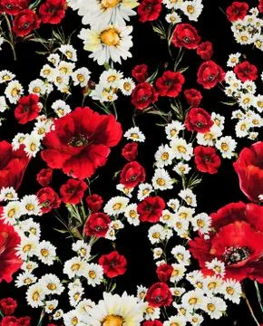 Seamless floral pattern with red flowers and white daisy on black background. Re Stock Illustration