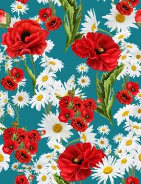 Seamless floral pattern with of red flowers and white daisy on blue background. Stock Illustration