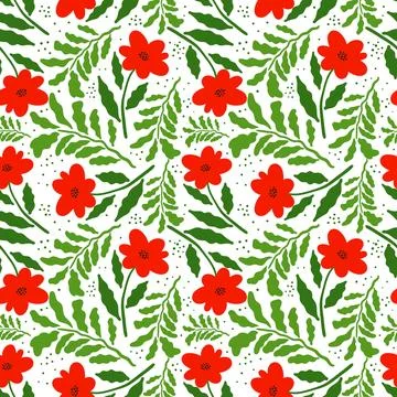 Seamless floral pattern with red flowers and green wavy leaves on a white d.. Stock Illustration