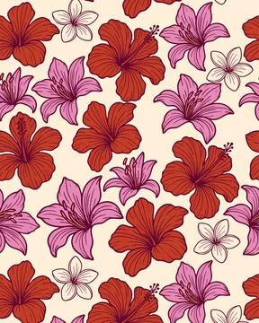Seamless floral pattern with red hibiscus, pink lilies, and cream plumeria on a Stock Illustration