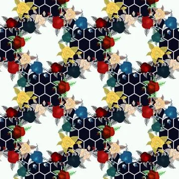 Seamless floral pattern with of red, purple and pink roses on black backgroun Stock Illustration