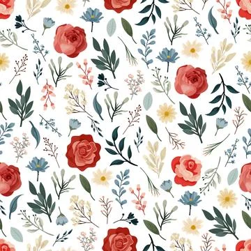 Seamless floral pattern with red roses and wildflowers, elegant botanical r.. Stock Illustration