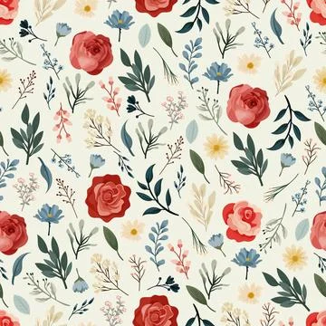 Seamless floral pattern with red roses and wildflowers, elegant botanical r.. Stock Illustration