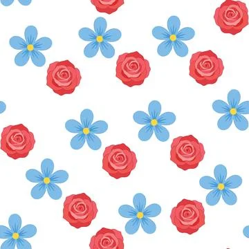 Seamless floral pattern with red roses and blue flowers on white background. Illustrazione stock