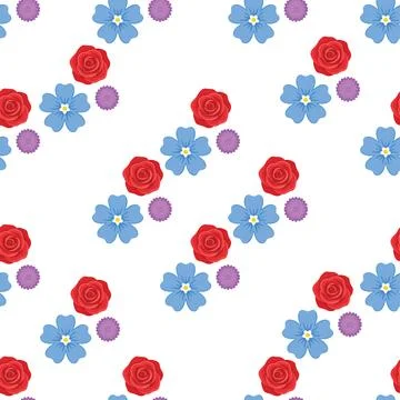 Seamless floral pattern with red roses and blue flowers. 스톡 일러스트
