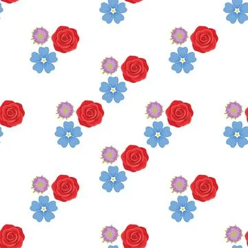 Seamless floral pattern with red roses and blue flowers on white background. Illustrazione stock