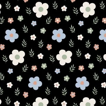 Seamless Floral Pattern with Retro Pastel Flowers and Leaves on Black Backg.. イラスト素材