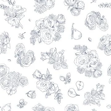 Seamless floral pattern with rose and pear, blue line on white. Hand drawn Stock-Illustration