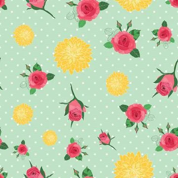 Seamless floral pattern roses and chrysanthemum on polka dots green backgroun Stock Illustration