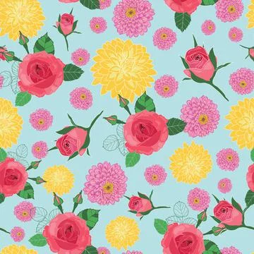Seamless floral pattern roses and chrysanthemum flowers Stock Illustration
