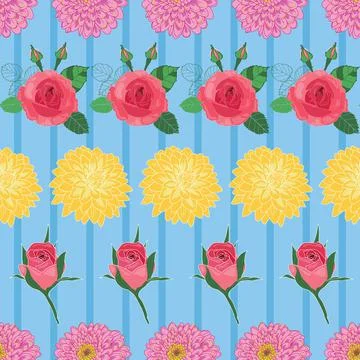 Seamless floral pattern roses and chrysanthemum on blue striped background Stock Illustration