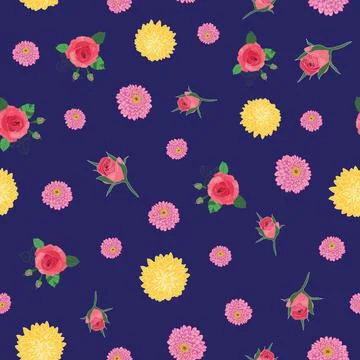 Seamless floral pattern roses and chrysanthemum on dark blue background Stock Illustration