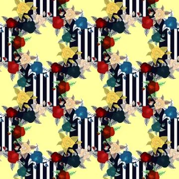 Seamless floral pattern with of roses on light background, watercolor. Vector Stock Illustration
