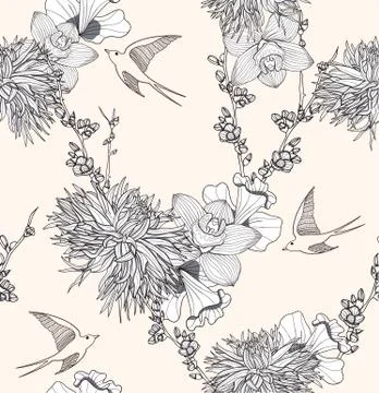 Seamless floral pattern seamless pattern with flowers and birds. elegant and Stock Illustration