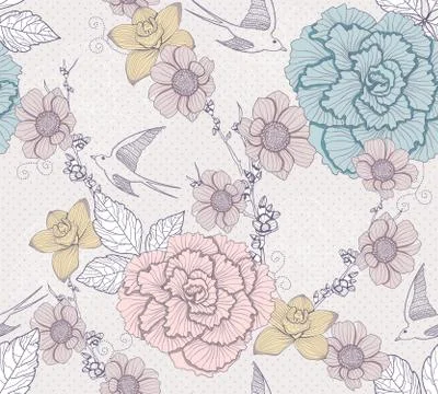 Seamless floral pattern. seamless pattern with flowers and birds. elegant and Stock Illustration