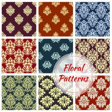 Seamless floral pattern set with damask ornament Stock Illustration