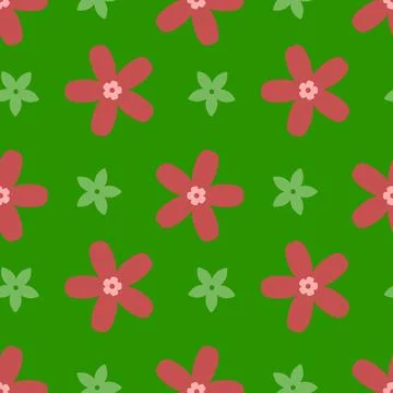 Seamless Floral Pattern With Simple Flowers on Green Background Stock Illustration