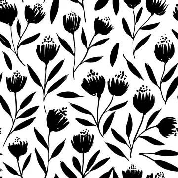 Seamless floral pattern with small black branches. Stock Illustration