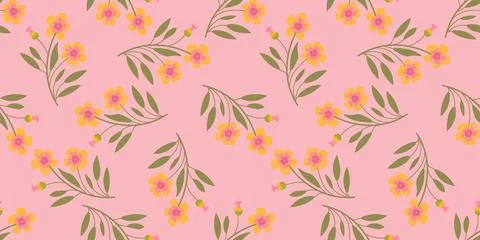 Seamless floral pattern with small blooming branches on a pink background, .. Stock Illustration