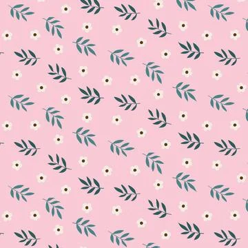 Seamless Floral Pattern with Small White Flowers and Green Leaves on Pink B.. Stock Illustration