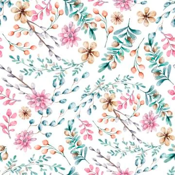 Seamless floral pattern, spring background. Hand drawn watercolor illustratio Stock Illustration