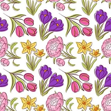 Seamless floral pattern with spring flower tulip, peony, daffodil, and crocus in Illustrazione stock