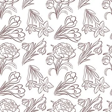 Seamless floral pattern with spring flower tulip, peony, daffodil and crocus in Stock Illustration