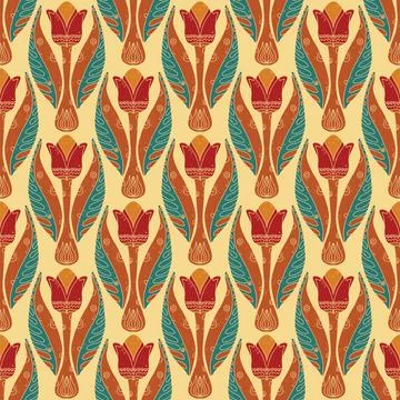 Seamless floral pattern with stylized decorative flowers and leaves in folk a Stock Illustration