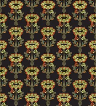 Seamless floral pattern with stylized decorative flowers and leaves in folk a Stock-Illustration