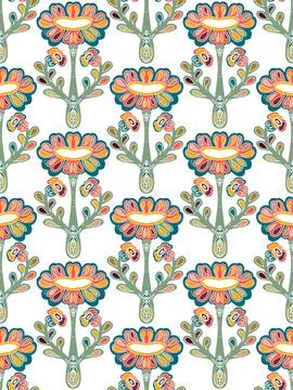 Seamless floral pattern with stylized decorative flowers and leaves in folk a Stock Illustration