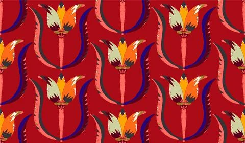 Seamless floral pattern with stylized decorative flowers and leaves in folk a Stock Illustration