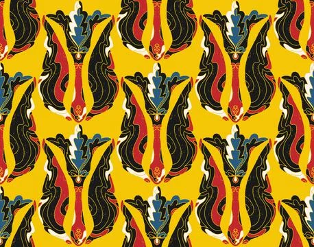 Seamless floral pattern with stylized decorative flowers and leaves in folk a Stock Illustration