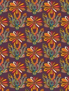 Seamless floral pattern with stylized decorative flowers and leaves in folk a Stock-Illustration