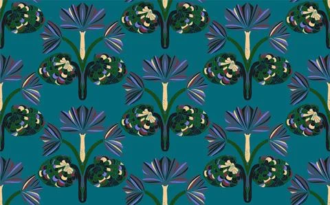 Seamless floral pattern with stylized decorative flowers and leaves in folk a Stock Illustration