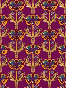 Seamless floral pattern with stylized decorative flowers and leaves in folk a Stock Illustration