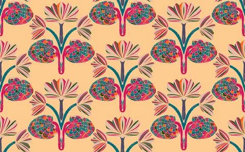 Seamless floral pattern with stylized decorative flowers and leaves in folk a Stock Illustration