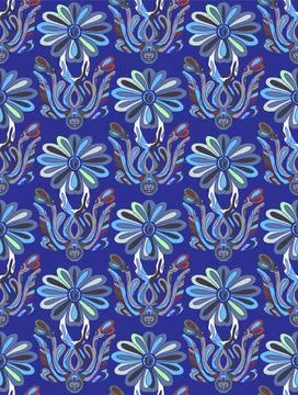 Seamless floral pattern with stylized decorative flowers and leaves in folk a Stock-Illustration
