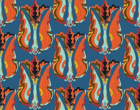 Seamless floral pattern with stylized decorative flowers and leaves in folk a 스톡 일러스트