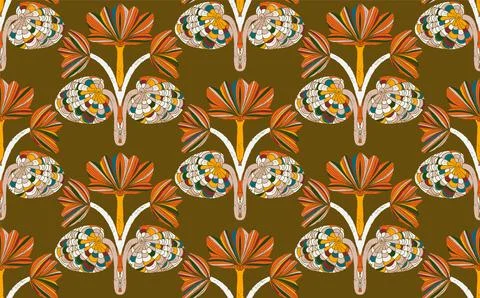 Seamless floral pattern with stylized decorative flowers and leaves in folk a Stock Illustration