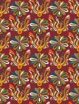 Seamless floral pattern with stylized decorative flowers and leaves in folk a Stock-Illustration